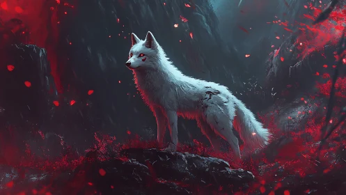 Ghostly white fox stands guard in a crimson, haunted forest