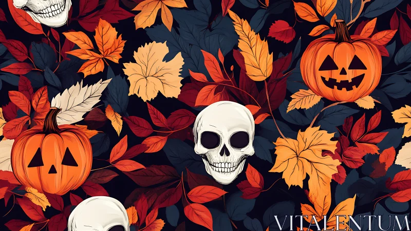 Vector skulls and pumpkins embedded in dense autumn foliage pattern