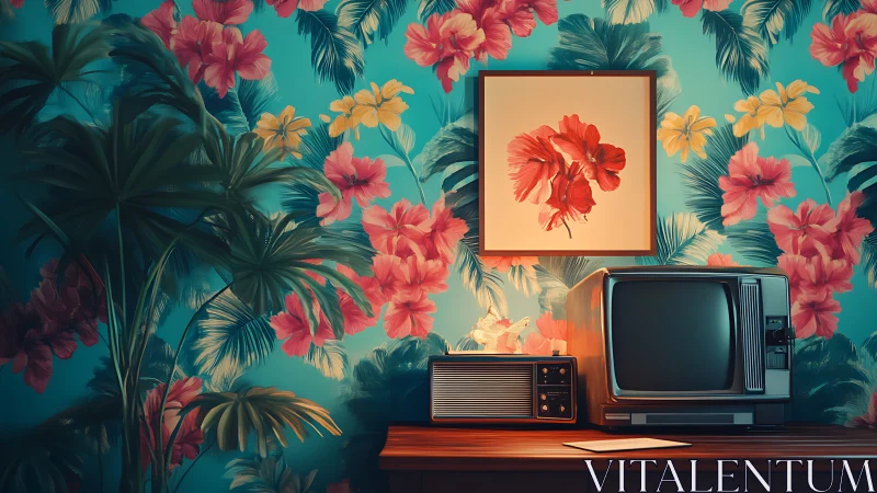 Retro tropic lounge where neon jungle hugs vintage tech.