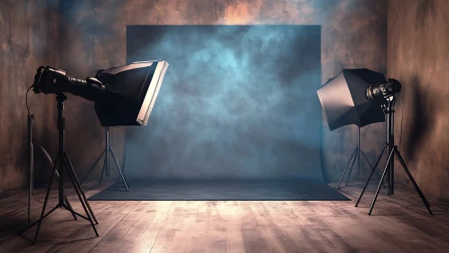 Moody photography studio backdrop with foggy dramatic light.