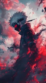 Stormlit warrior walks through firelit clouds with quiet power