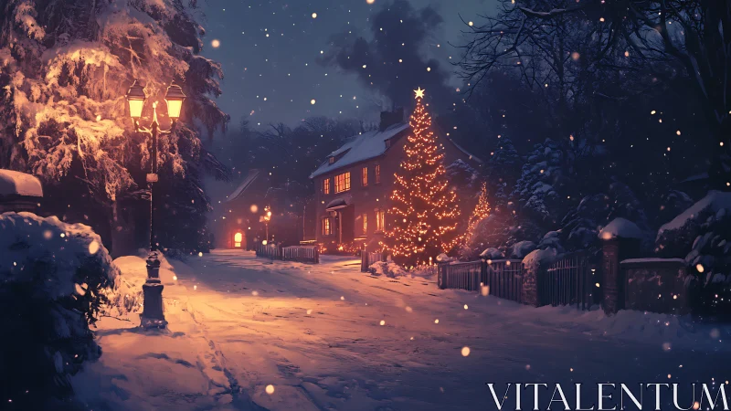 Snowy village street glows under warm Christmas tree lights