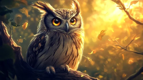 Majestic Owl in Magical Forest with Golden Light, Digital Art.