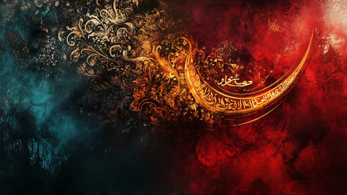 Curved golden calligraphy across textured red teal field.