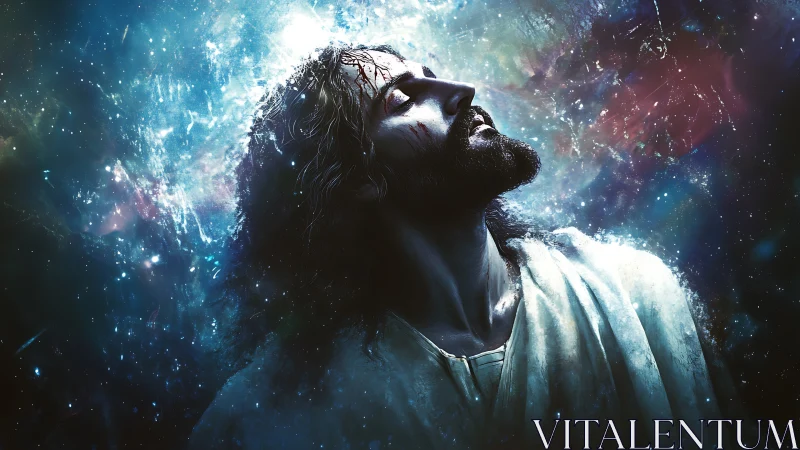 Radiant spiritual figure bathed in cosmic starlit glow.