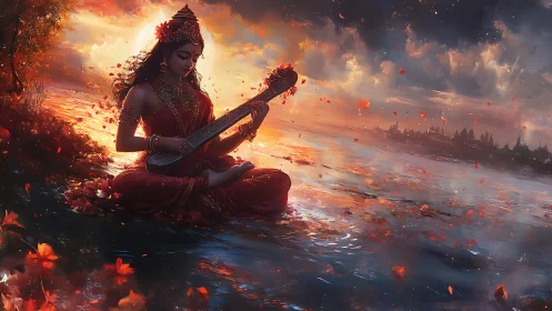 Goddess-like woman in red plays stringed lute by sunset river.