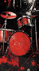Kinetic red drum kit with splatter dynamics on black field.