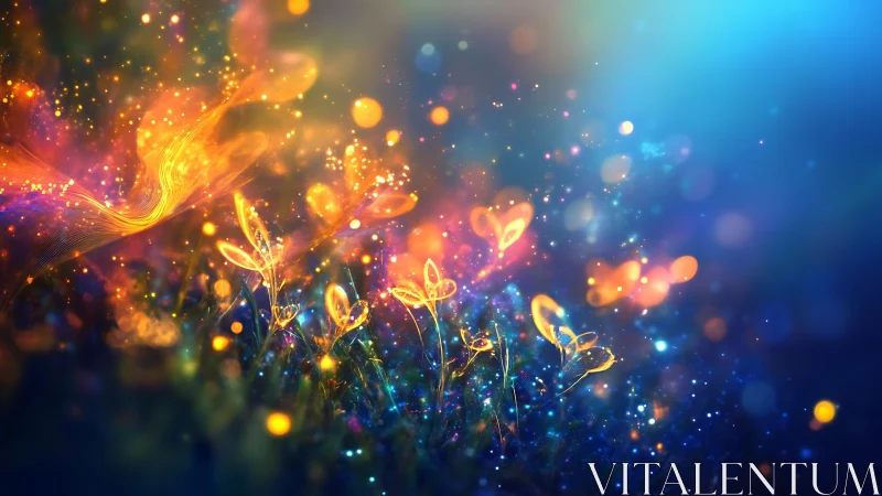 Luminous heart-flower meadow under swirling auroras.