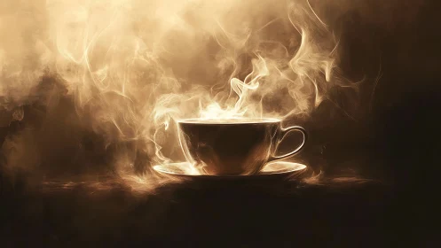 Luminous coffee cup in swirling golden steam abstraction.
