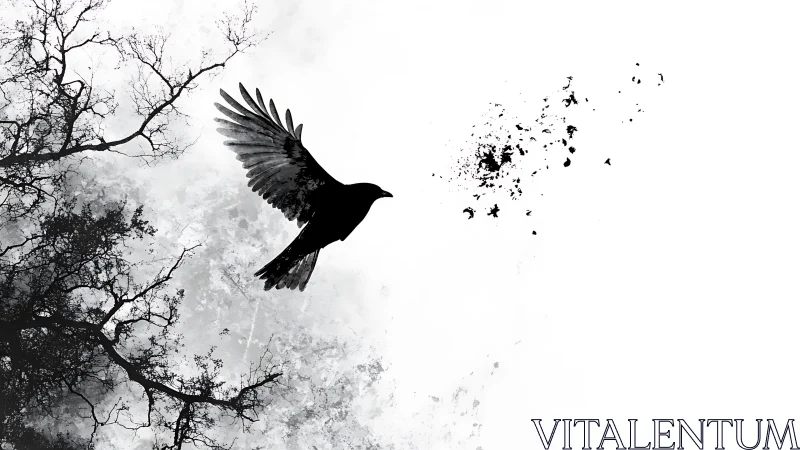 Monochrome crow silhouette with tree branches and splatter.