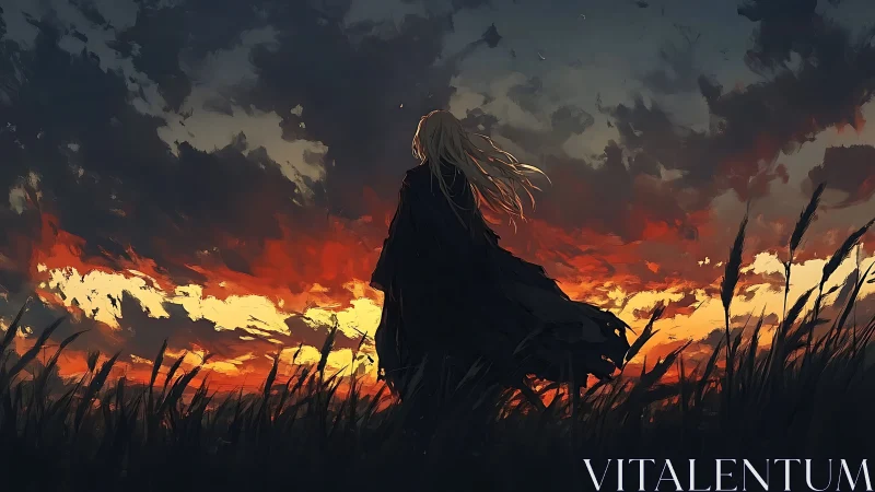 Solitary cloaked figure watching burning sunset horizon