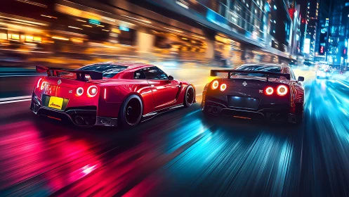 Dual Nissan GT-R street race dramatized with neon motion blur