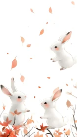 Playful white rabbits amid softly drifting autumn leaves.