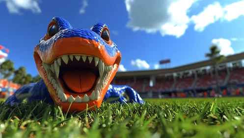 Close-up render of blue-orange alligator mascot on field.