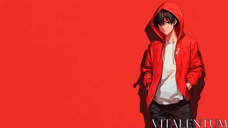 Red-hooded anime teen leans on flat backdrop with hard shadow