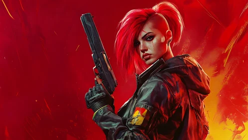 Cyberpunk gunslinger portrait with neon red tactical styling.