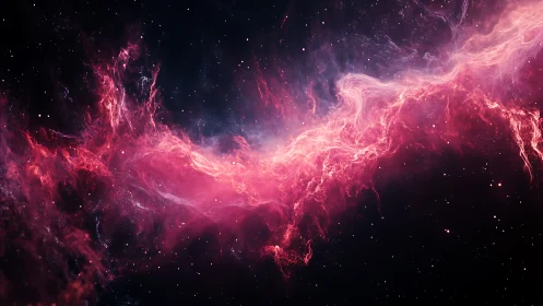 Crimson nebula stream winds through deep cosmic void.