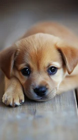 Sleeping tan puppy rests quietly on worn wooden floor
