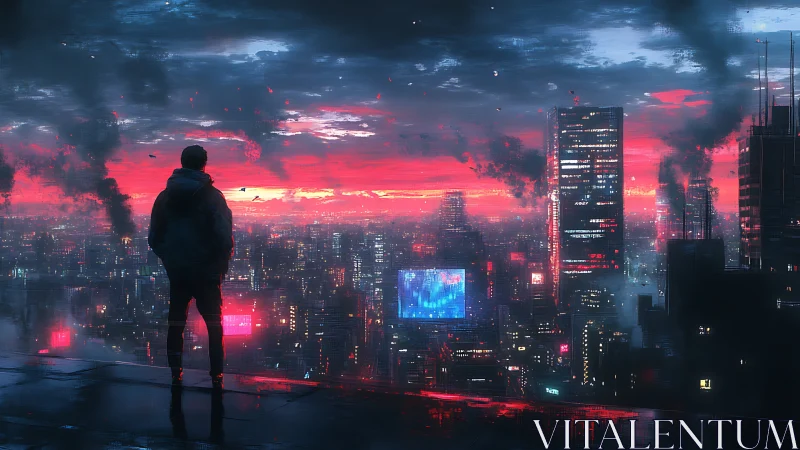 Solitary observer over emissive cybernetic dusk skyline.
