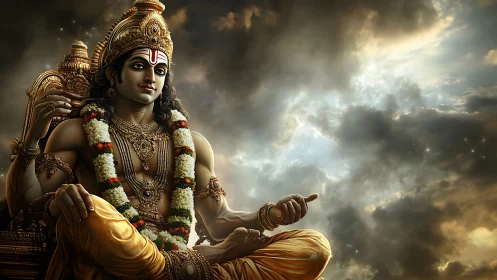 Golden celestial deity in tranquil, cloudlit meditation.