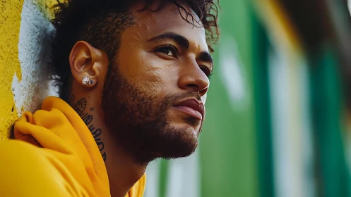 Profile portrait of thoughtful man in golden urban light.