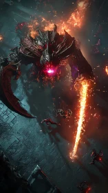 Large demonic creature emits linear flame attack in arena