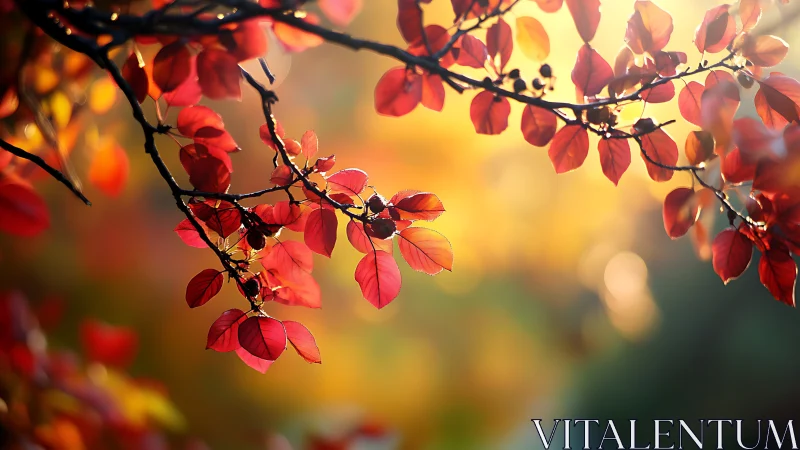 Backlit red foliage with shallow depth and bokeh diffusion.