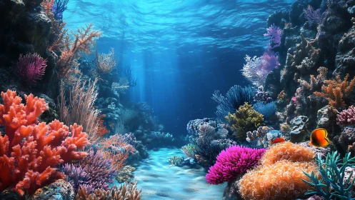 Sunlit coral canyon where curious reef life drifts by.