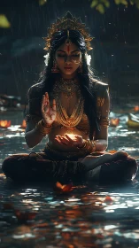 Rain-soaked river goddess cradles a secret ember of light