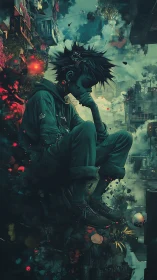 Cyberpunk loner above neon-scarred dystopian cityscape.