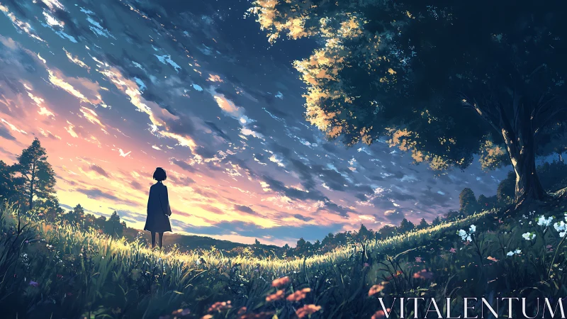 Anime sunset meadow with silhouetted figure and luminous sky.