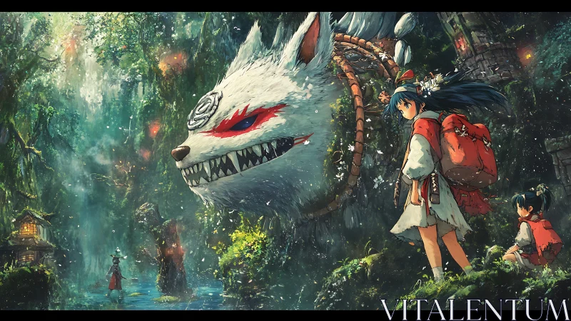 Giant spirit wolf with red markings confronts travelers in dense forest