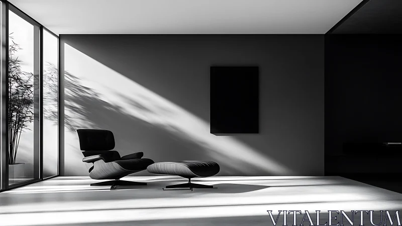 Sunlit monochrome lounge where shadows sketch quiet elegance.