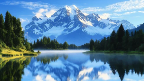 Snow covered mountain reflected in calm alpine lake