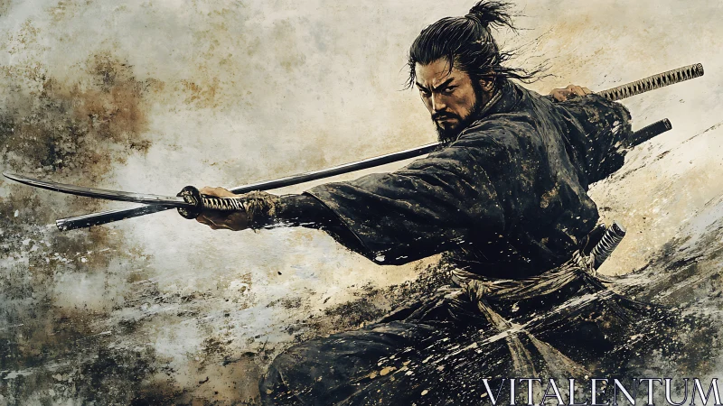 Samurai warrior in dynamic dual katana combat stance scene.