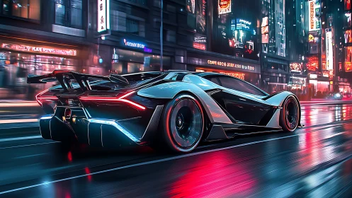 Futuristic hypercar speeding through neon city streets.