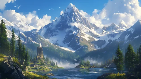 Snow-capped mountain range above lake and conifer forest.