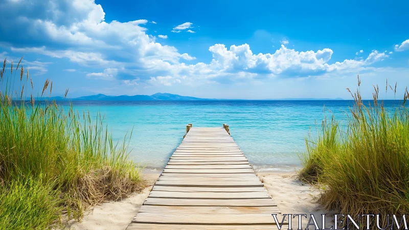 Wooden pier extends toward calm turquoise sea horizon