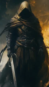 Hooded figure in dark armor stands holding a sword