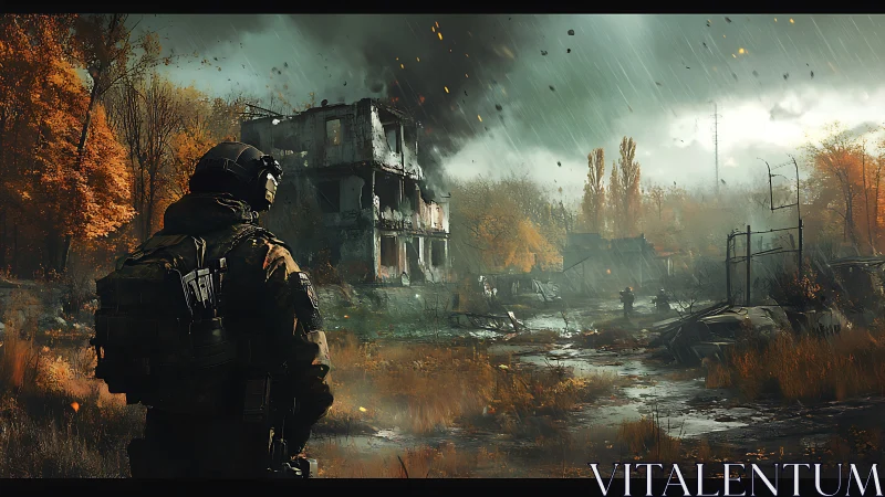 Armored recon unit in storm-swept postwar industrial ruin.