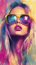 Neon-tinted female portrait with reflective sunglasses in gradients.