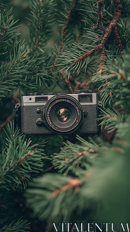 Vintage rangefinder camera positioned within dense pine branches.