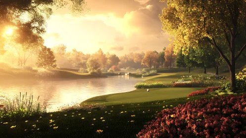 Sunlit riverside golf green under atmospheric scattering glow.