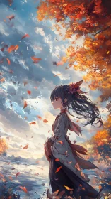 Autumn riverbank girl in kimono amid windblown foliage