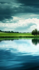 Gathering clouds meet calm water in a peaceful green valley