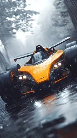 Orange race car powers through wet forest road in rain.