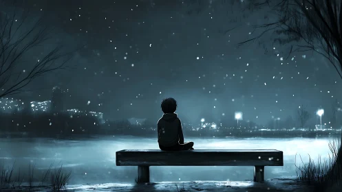 Solitary figure on bench beside frozen lake at nightfall.