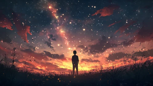 Quiet stargazer standing beneath a glowing, dreamlike sky.
