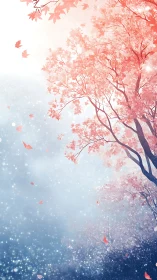 Ethereal cherry canopy with drifting petals in pastel light.