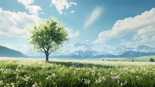 Solitary green tree in bright alpine meadow landscape.